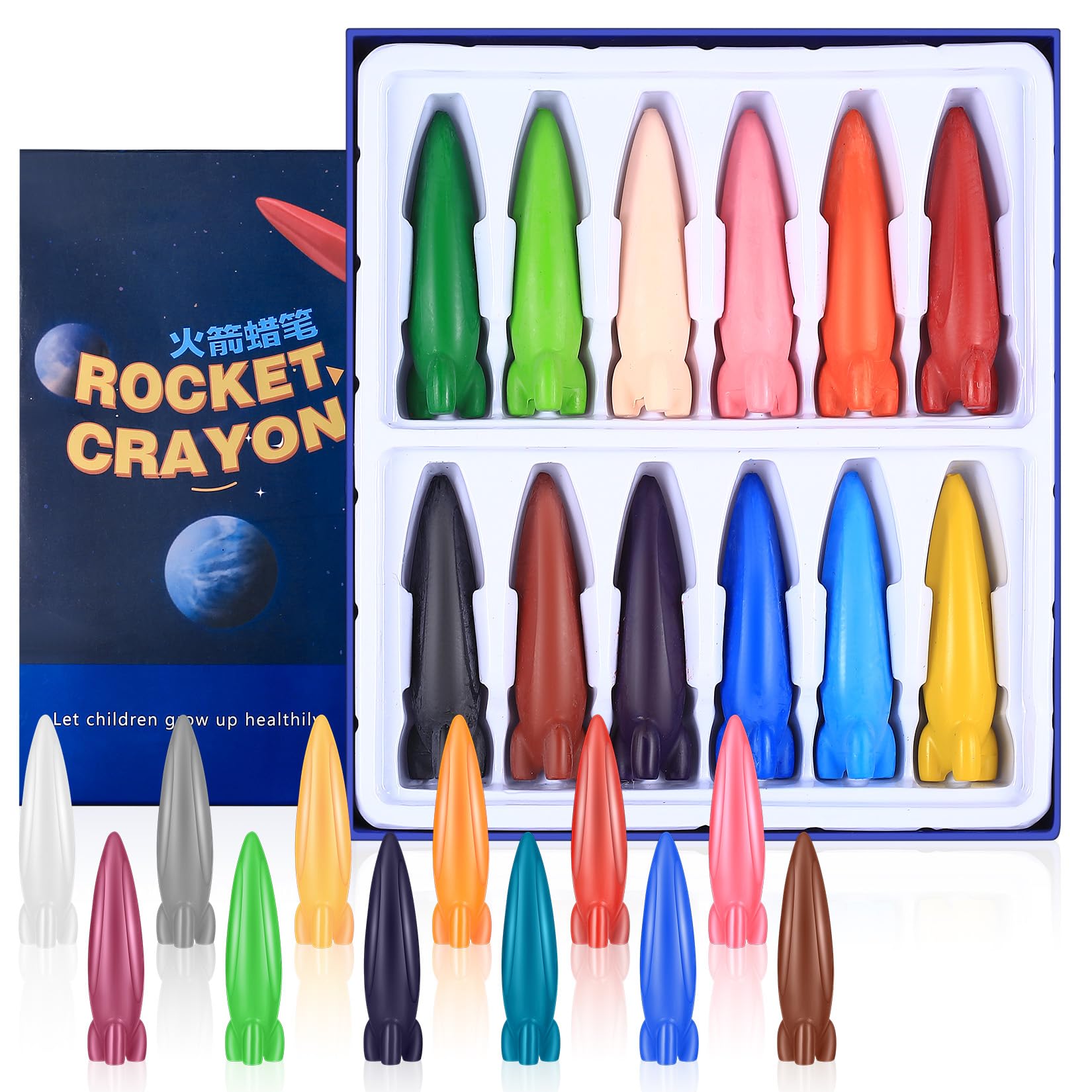 HAOCHEN Crayons for Kids, 24 Colors Toddler Crayons, Kids Children Safe Wax Crayon, Jumbo Rocket Colouring Crayon for Toddlers Baby Children Art Party Bags Fillers
