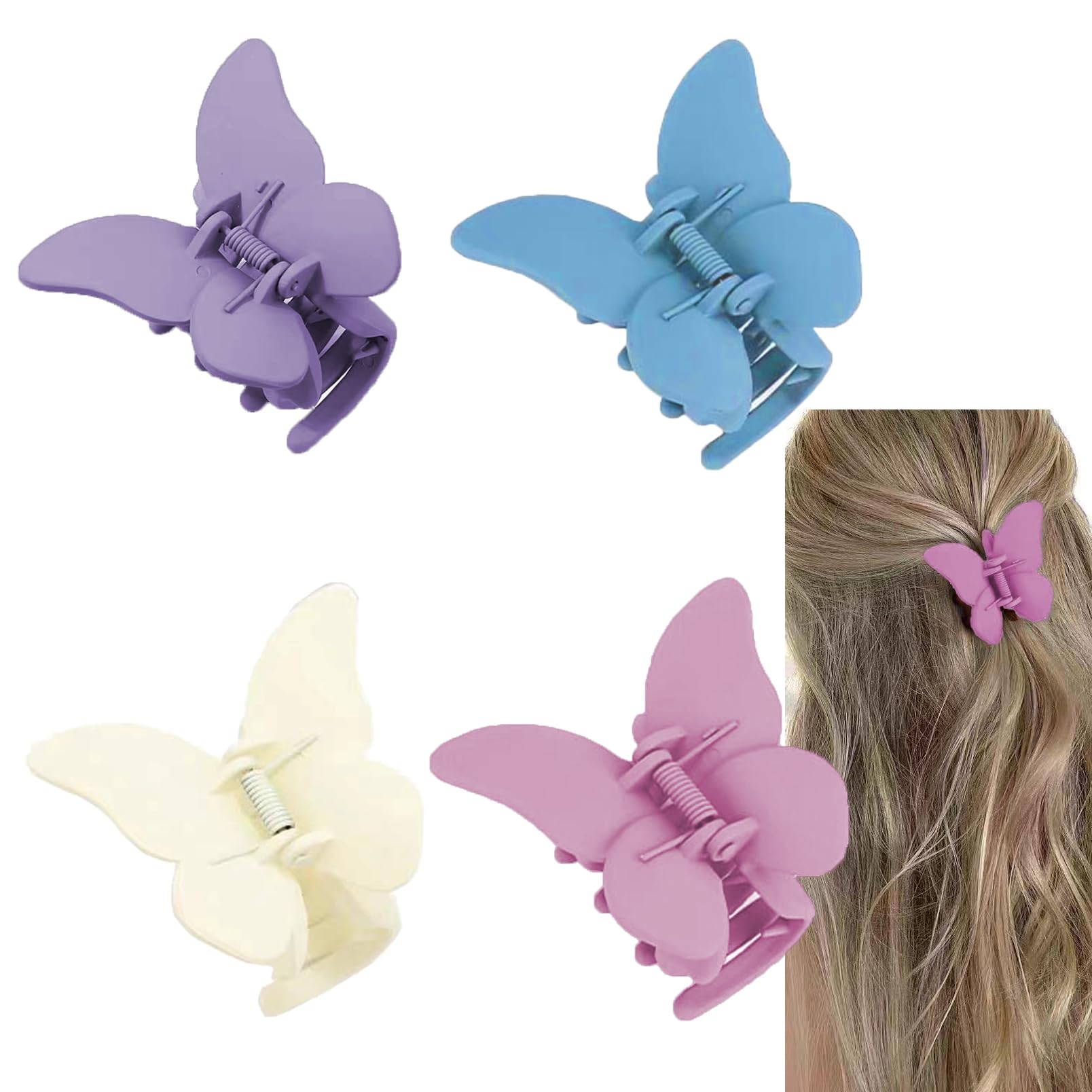 Butterfly Hair Clips, 4 Pcs Claw Clips for Thick Hair, Hair Accessories for Women & Girl Claw Clips, Cute Matte Butterfly Pins (Classic)