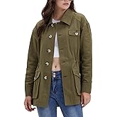 YEXPINE Women's Military Jacket Lightweight Button Up Utility Drawstring Waist Anorak Coat with Pockets