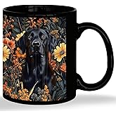 JINYO Floral Black Labrador Retriever Mug, Black Lab Gifts for Women Coffee Cup, Gifts for Labrador Dog Lovers, Dark Cottagecore Botanical Lab Dog Ceramic Coffee Tea Mug 11 oz