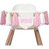 First Birthday High Chair Banner, Pink and White Tassel Garland with Bow Design, Baby Girl Party Decoration