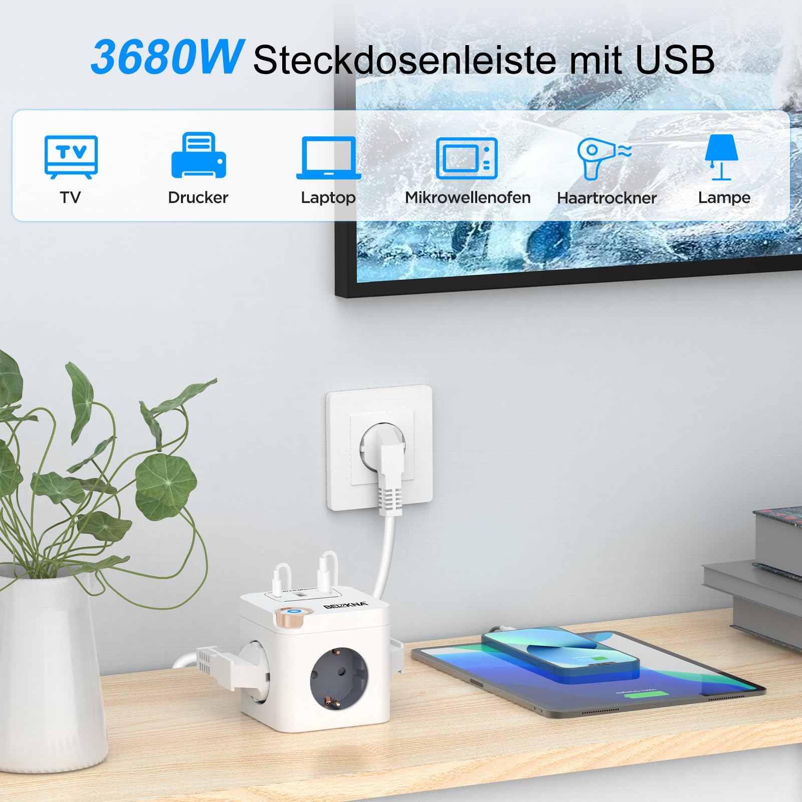 Steckdosenwürfel USB C Mehrfachsteckdose Steckdosenleiste 3-Fach Steckerleiste Überspannungsschutz Steckdose Mehrfachstecker Cube Würfel Steckdosen mit Schalter für Büro Hause 1.5M Kabel, Weiß 4