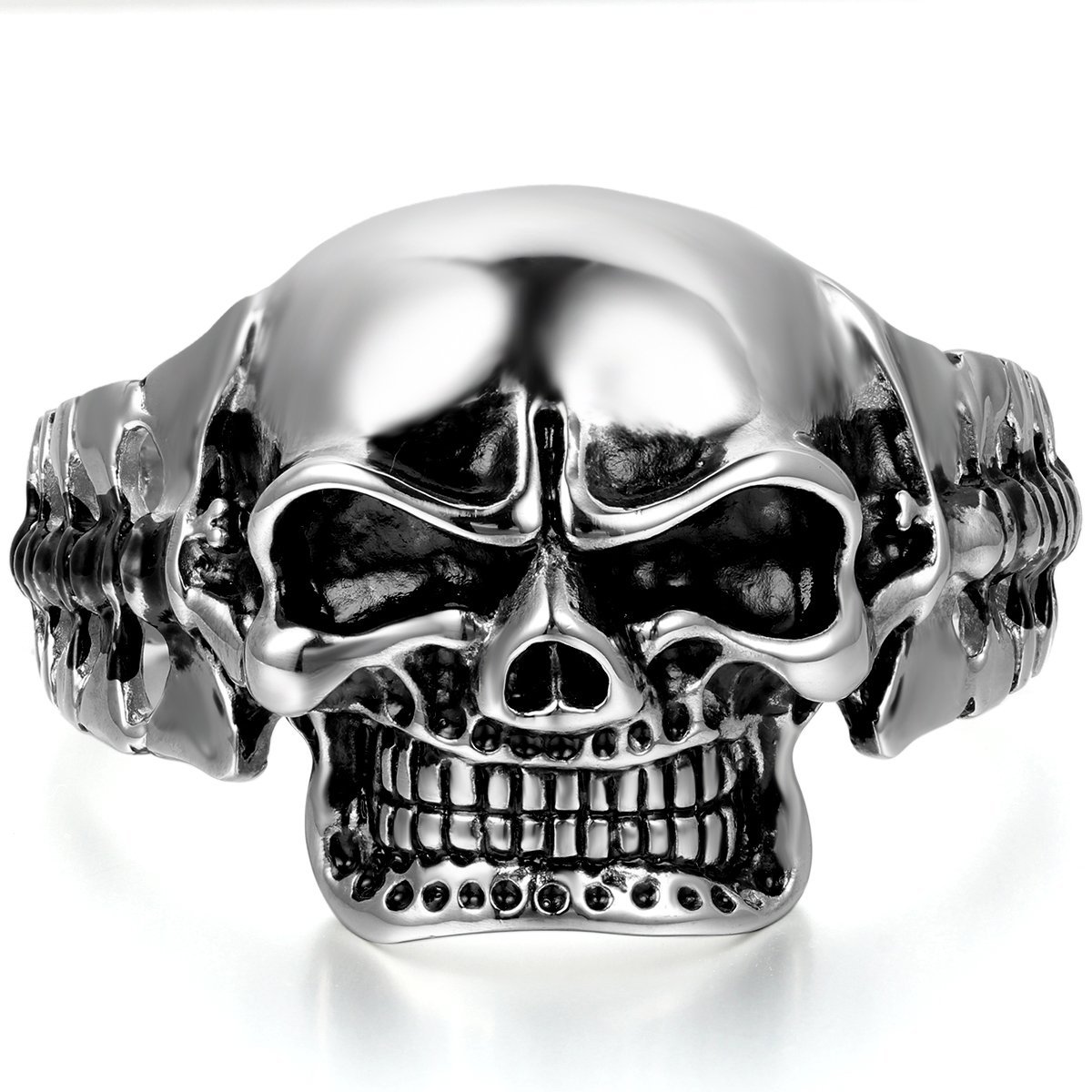 JewelryWe Mens Stainless Steel Biker Skull Cuff Bangle Bracelet Silver Black Two-tone Polished Heavy
