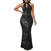VERWIN Sleeveless Halter Neck Sparkly Casual Party Cocktail Evening Bodycon Mermaid Maxi Sequins Dress