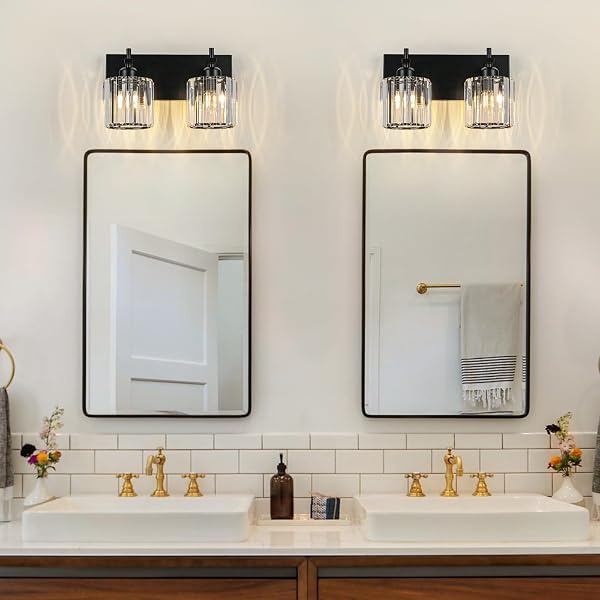 HUOKU BLACK CRYSTAL BATHROOM VANITY LIGHTS, MODERN 2-LIGHTS BATHROOM LIGHTING FIXTURES OVER MIRROR, CRYSTAL WALL LIGHTING WITH ROUND SHADE