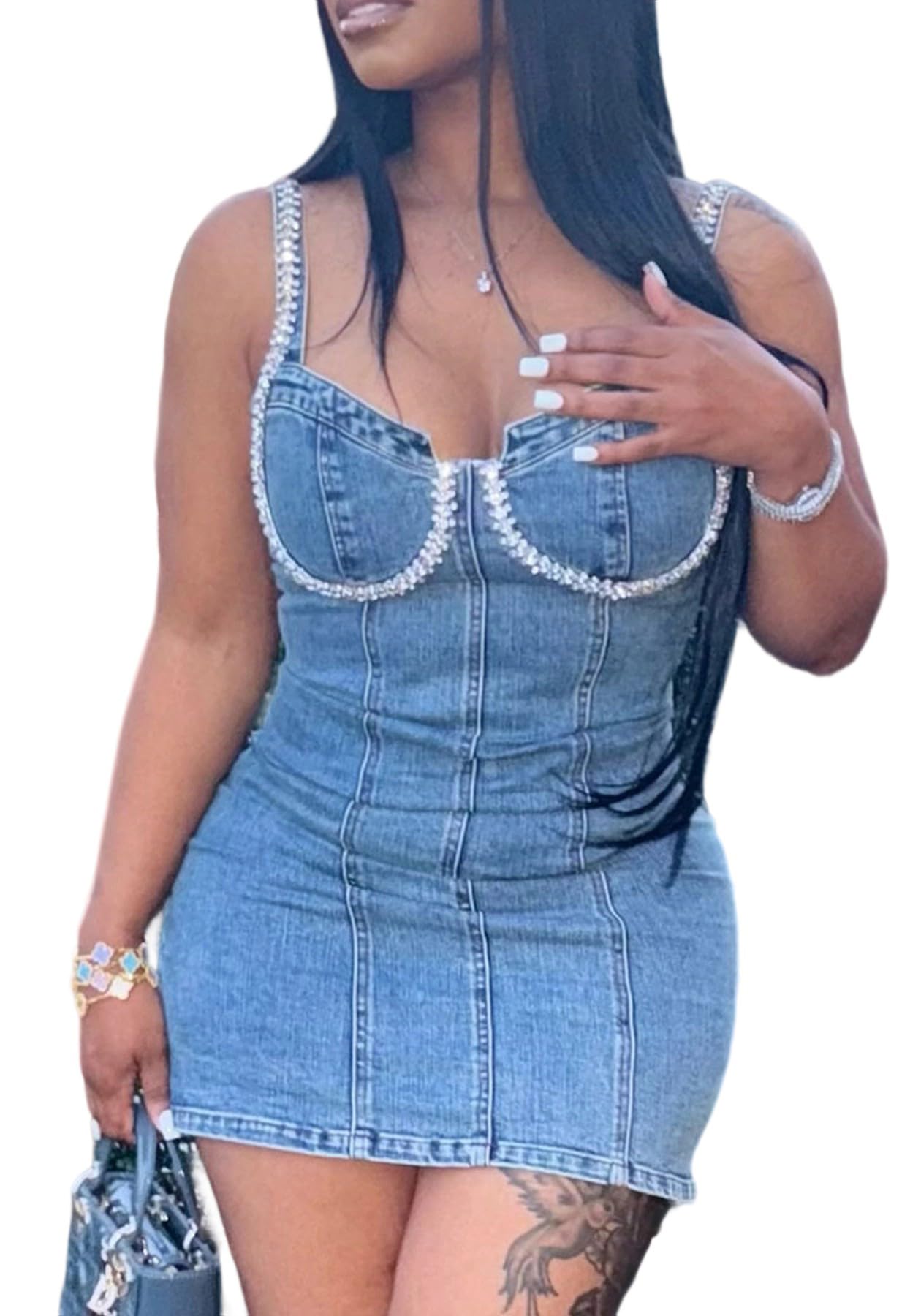 Photo 1 of SHINFY Women Rhinestone Denim Dress Sparkly Sexy Bodycon Corset Mini Dress Bustier Sleeveless Jeans Short Dresses Blue