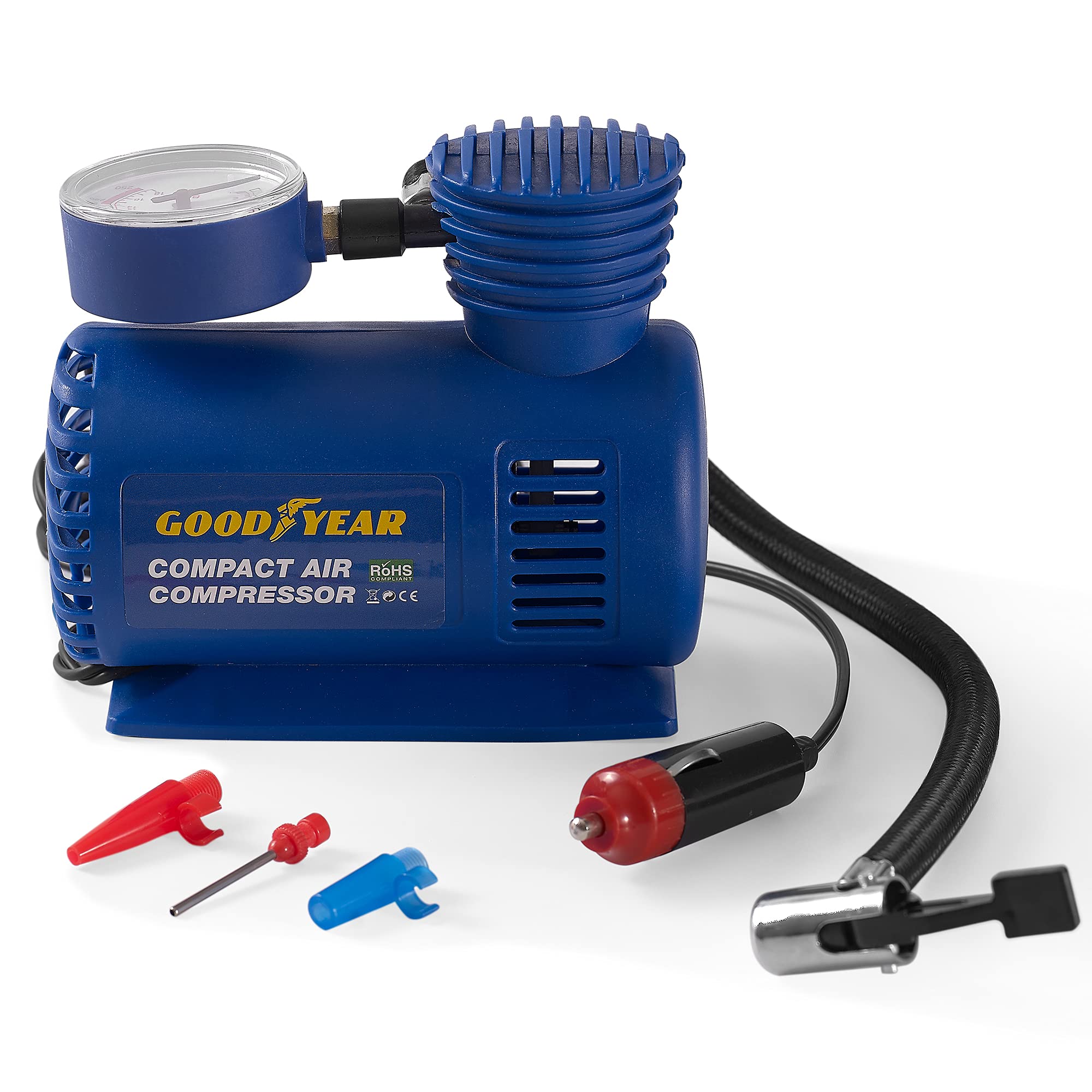 Goodyear car tyre inflator | mini air Compressor | Compact 3m Cord | Portable air Compressor | tyre Pressure Gauge and inflator | Lightweight Light Sporting Camping | get 3 nozzles | up to 250 PSI