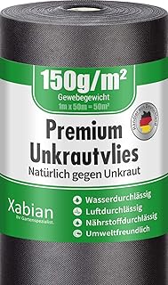 Xabian Anti Unkrautvlies 150g/m² Gartenvlies Rolle 50m x 1m = 50m² I Unkrautfolie sehr hohe UV-Stabilisierung - extrem reißfest und wasserdurchlässig