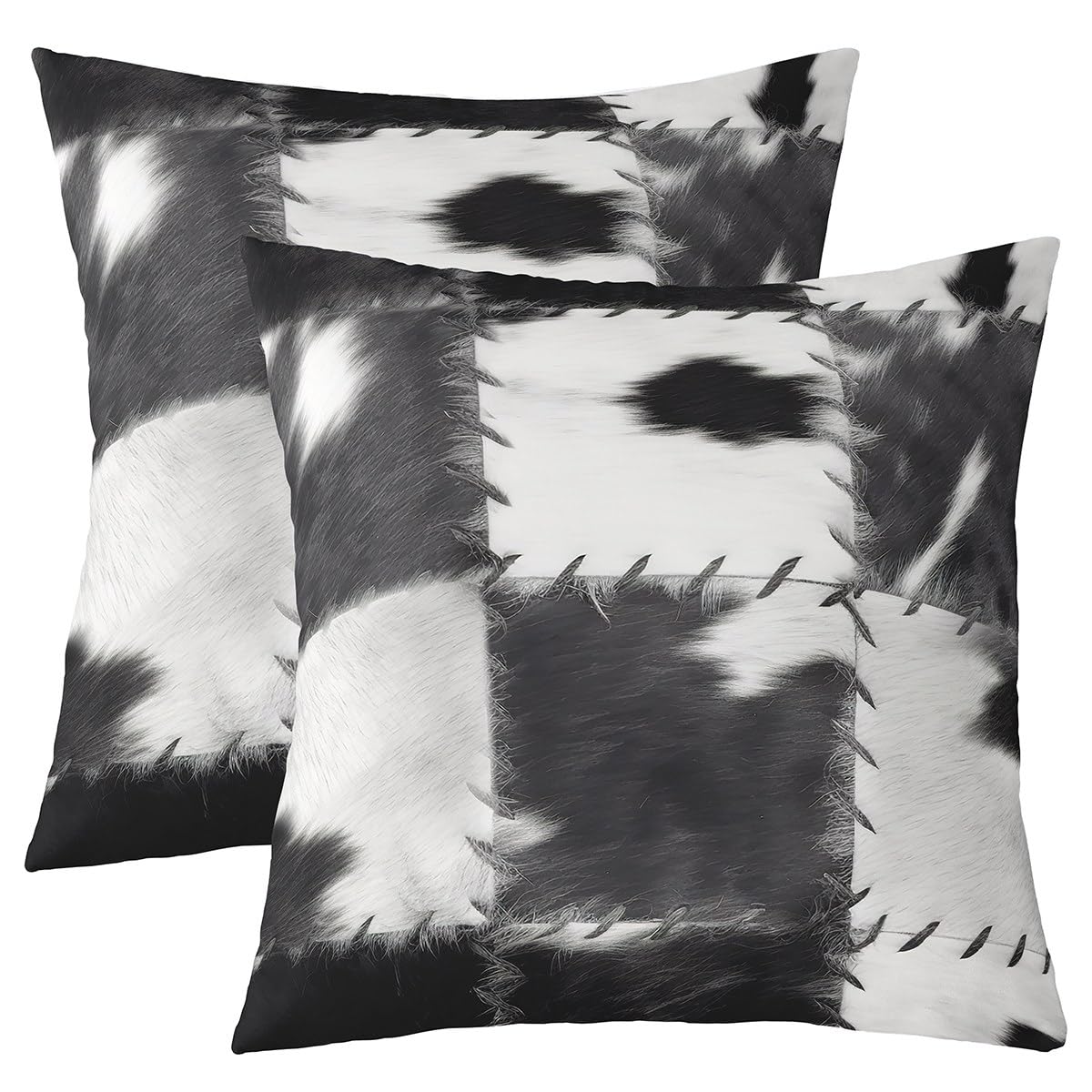 Photo 1 of (Not Real) Cowhide Throw Pillow Covers 18x18 Set of 2, Patchwork Cow Fur Print Decorative Pillow Covers for Bed Sofa, Farm Animal Pillow Covers, Western Cowboy Farmhouse Cushion Cases, Grey White