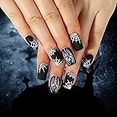 Halloween Press on Nails Medium False Nails with White Spider Web Rhinestones Designs Full Cover Black Acrylic Nails Matte Fake Nails with Nail Glue for Women Girls Nails Supplies