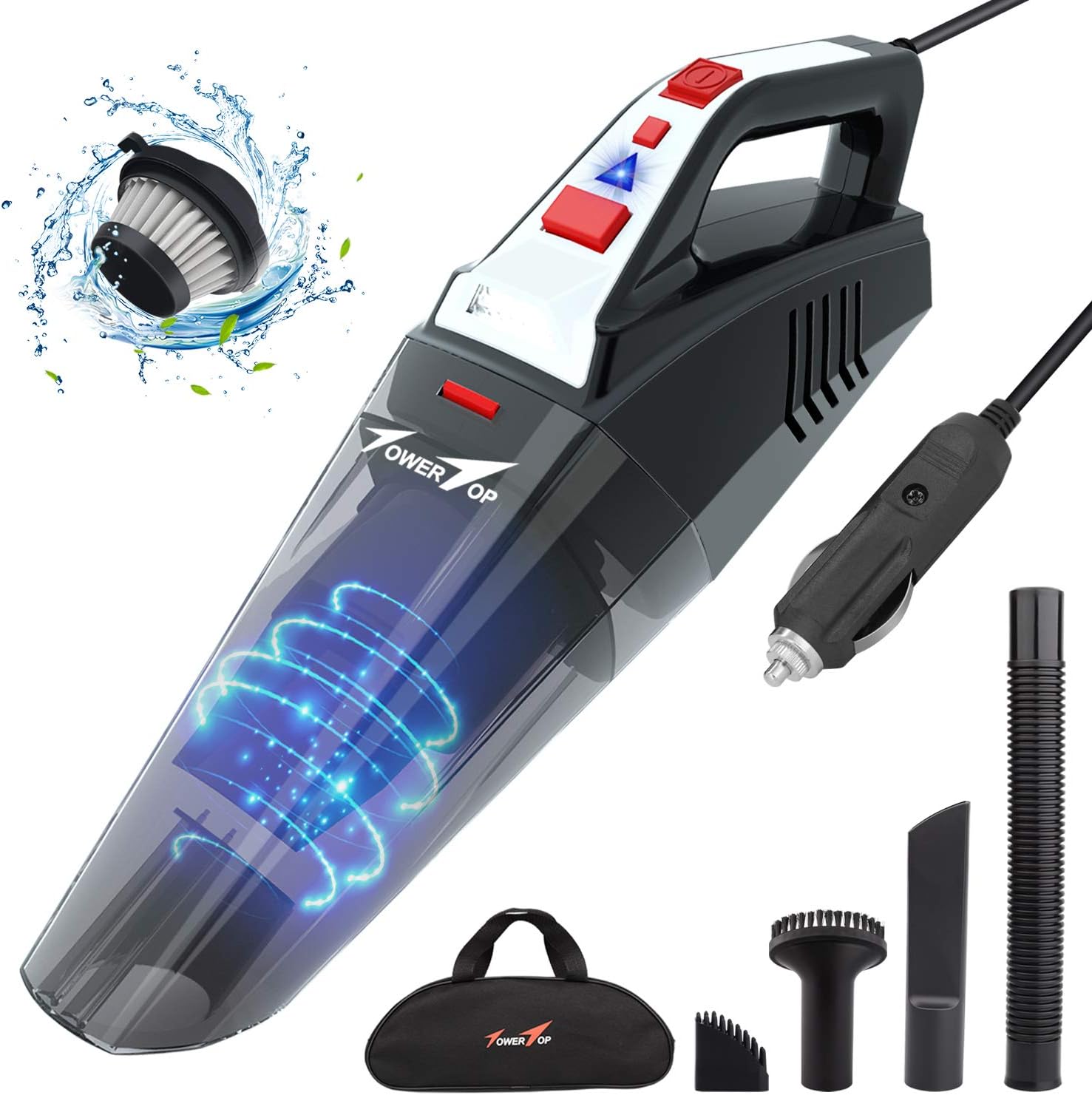 Car Vacuum, Car Vacuum Cleaner DC 12V 5500PA Powerful Suction Handheld Vacuum Cleaner Wet/Dry Portable Auto Vacuum Cleaner with 16.4FT Power Cord, LED Light for Car Cleaning