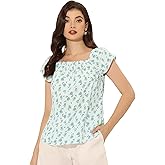 Allegra K Women's Square Neck Casual Peasant Tops Cap Sleeve Floral Print Blouse