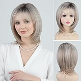 RENERSHOW Layered Mid-length Mix Blonde Bob Wig with Bangs Straight Heat Synthetic Wigs for White Women 12-inch Adjustable Average Size Natural Looking Daily to Party Ombre Wig
