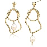 Aliyoham Asymmetrical Wave Earrings, 14K Gold Plated Geometric Dangle Earrings with Pearl, Elegant Statement Earrings for Women
