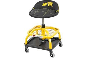 FreekyFit Rolling Shop Stool for Garage with Casters, DO01-Adjustable Height 360° Swivel Shop Seat with Tool Tray Storage, 300 LBS Capacity Padded Mechanic Stool, Yellow