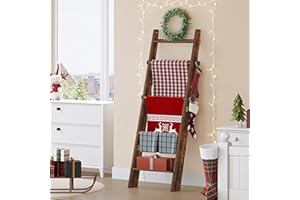 Hzuaneri Blanket Ladder for Living Room, Decorative Quilt Rack with 4 Removable Hooks, 5-Tier Blanket Ladder Shelf for Bedroom,Rustic Brown BR30501X