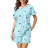 ENJOYNIGHT Women's Pajama Set Short Sleeve Shirt and Shorts Sleepwear V Neck Pjs with Pockets