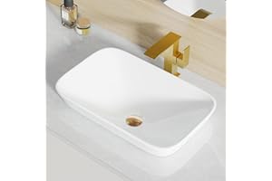 Bathroom Vessel Sink, Eridanus 21" x 13" Semi-Recessed Bathroom Sink Rectangular White Durable Ceramic Vessel Sinks for Bathroom Modern Sink Vanity Sink Space-Saving