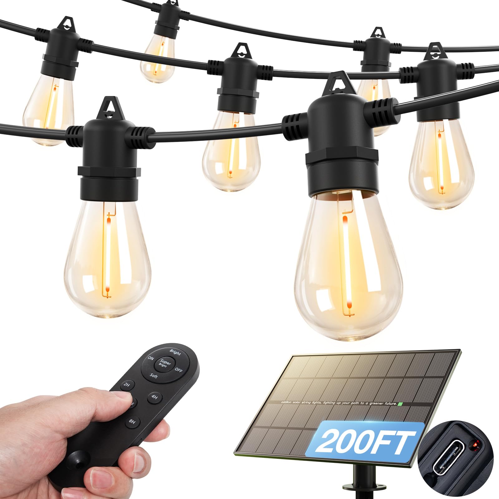 Photo 1 of addlon 200FT(192+8) Solar String Lights Outdoor Waterproof 6W Panel with USB Port & Remote Control Solar Powered Patio Lights for Outside with 68 LED Dimmable Bulbs for Porch Garden Deck Halloween