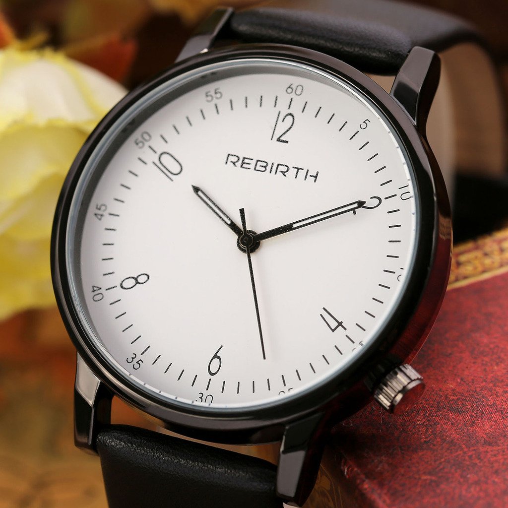 JSDDE Montre à Quartz Unisexe Mouvement Japonais Bracelet PU Style Simple Montre Etanche + Cadeau Boîtier Cadran Blanc Bracelet Noir