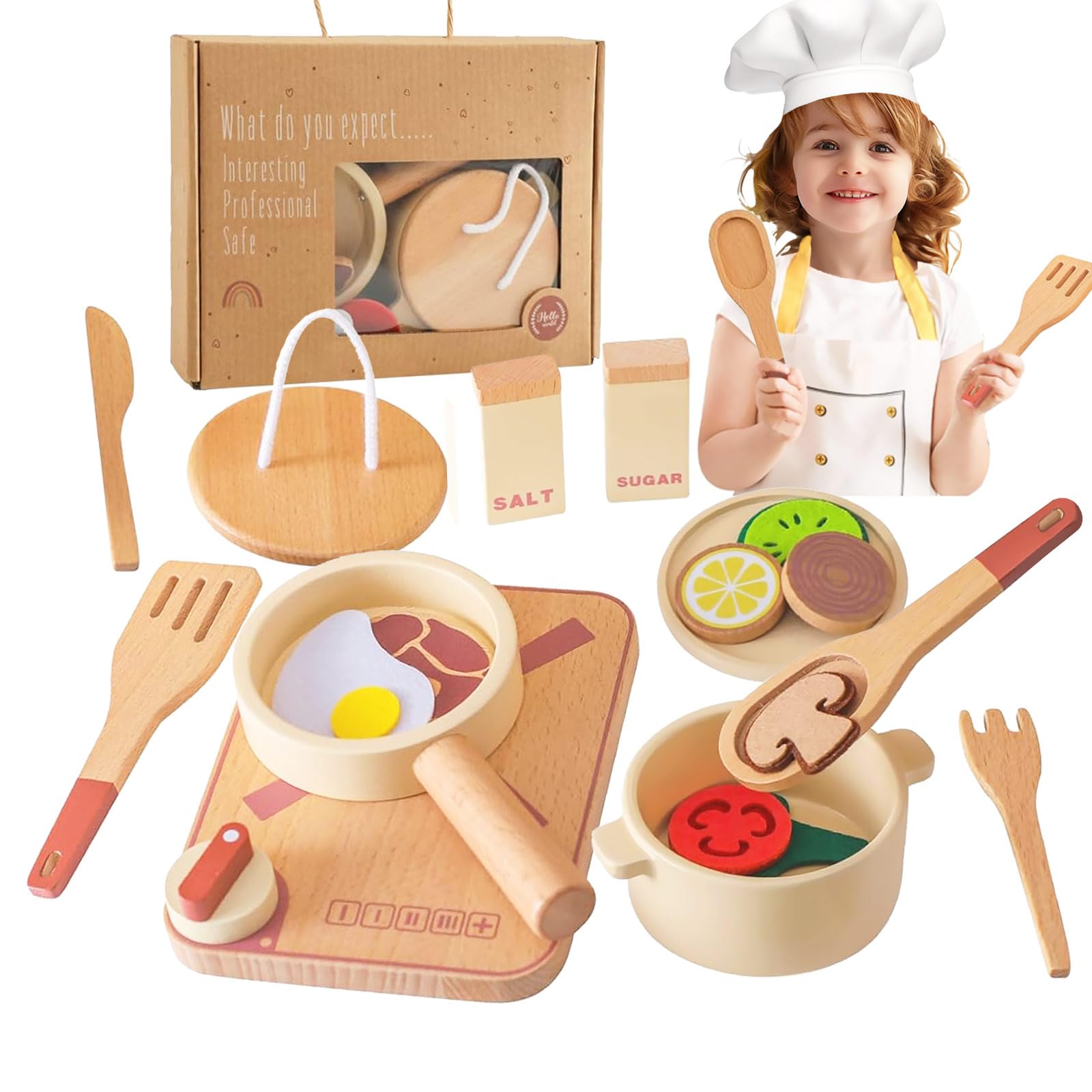 Smartwo Wooden Kitchen Accessories, Toy Pots Pans Tableware Hob for Play Food, Kids Pretend Play Cooking Set, Chief Role Play, Gifts for Toddler Boys Girls 2 3 4 5 Years Old