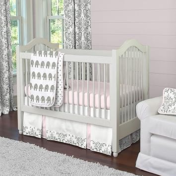 pink and gray elephant crib bedding set