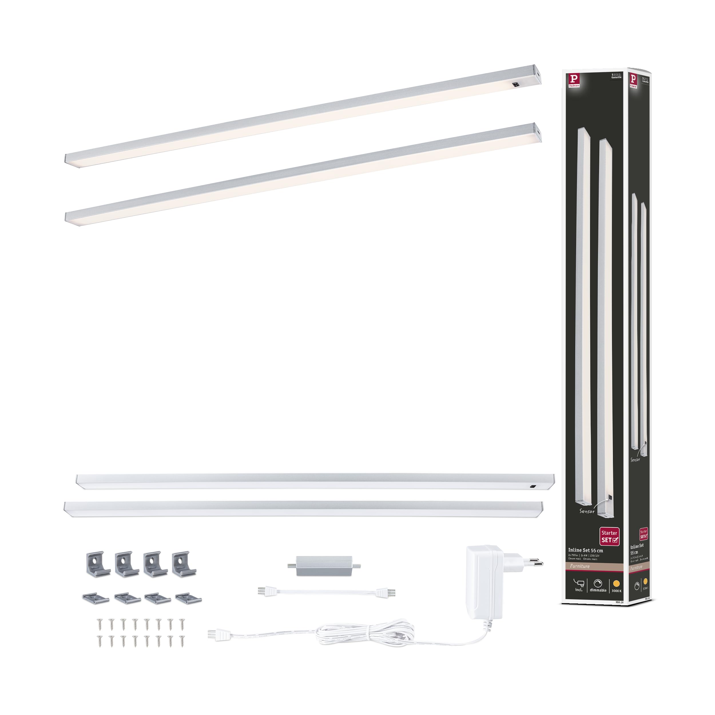 Paulmann 98616 LED Under-Cabinet luminaire Inline 2-Piece Set 2x6W 550x26mm 2x500lm 24V Chrome matt 3000K dimmable