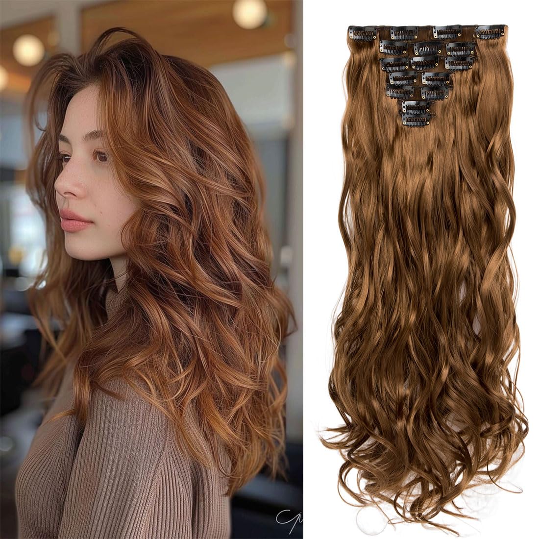 Swy Hair Clip in Hair Extensions Body Wave 22 inches 7Pcs 150g Straight Hair Synthetic Hair Extensions (W-Light Brown, Wavy) — image 1