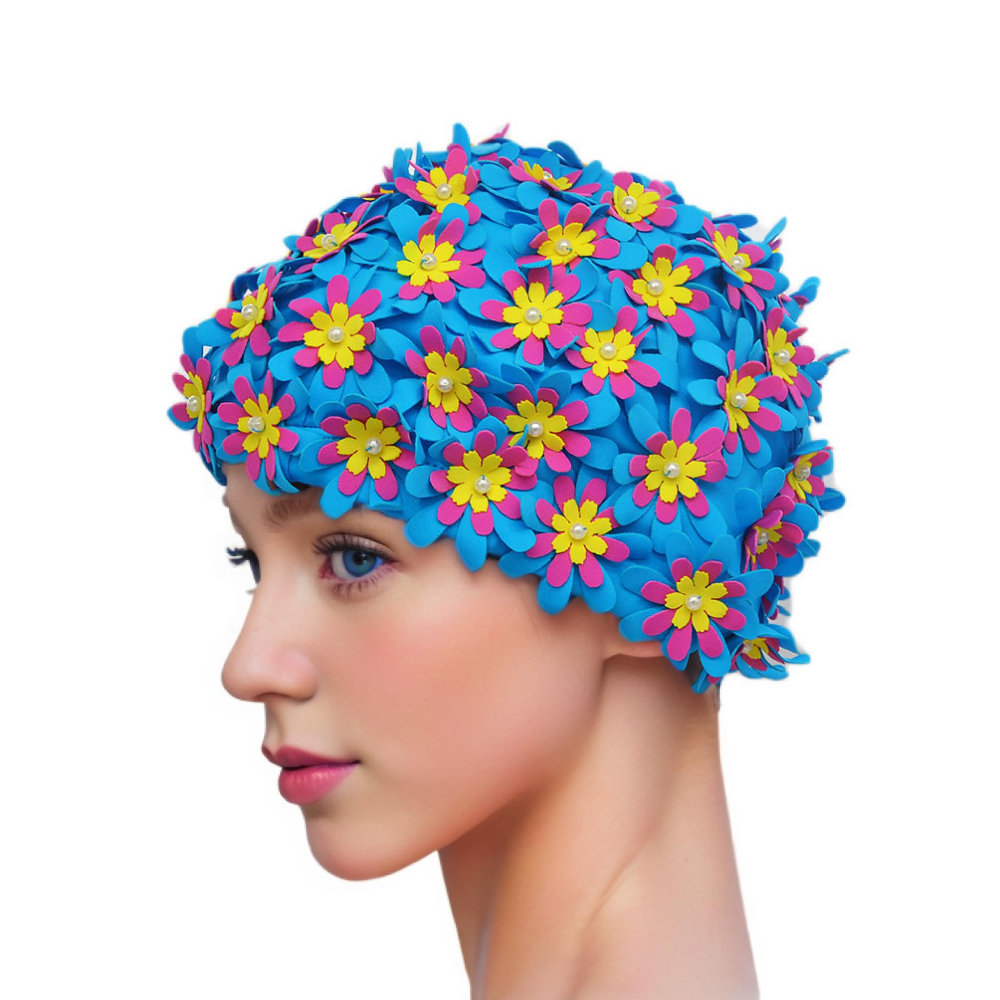 Medifier Swim cap Floral Petal Retro Style Bathing Caps for Women Blue