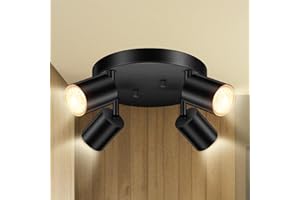 BoostArea LED 4 Light Track Lighting Kit, LED Track Lighting Fixtures, Black Round Ceiling Spot Lighting, Flexibly Rotatable Light Head for Kitchen, Living Room, Bedroom, GU10 Bulb Not Included
