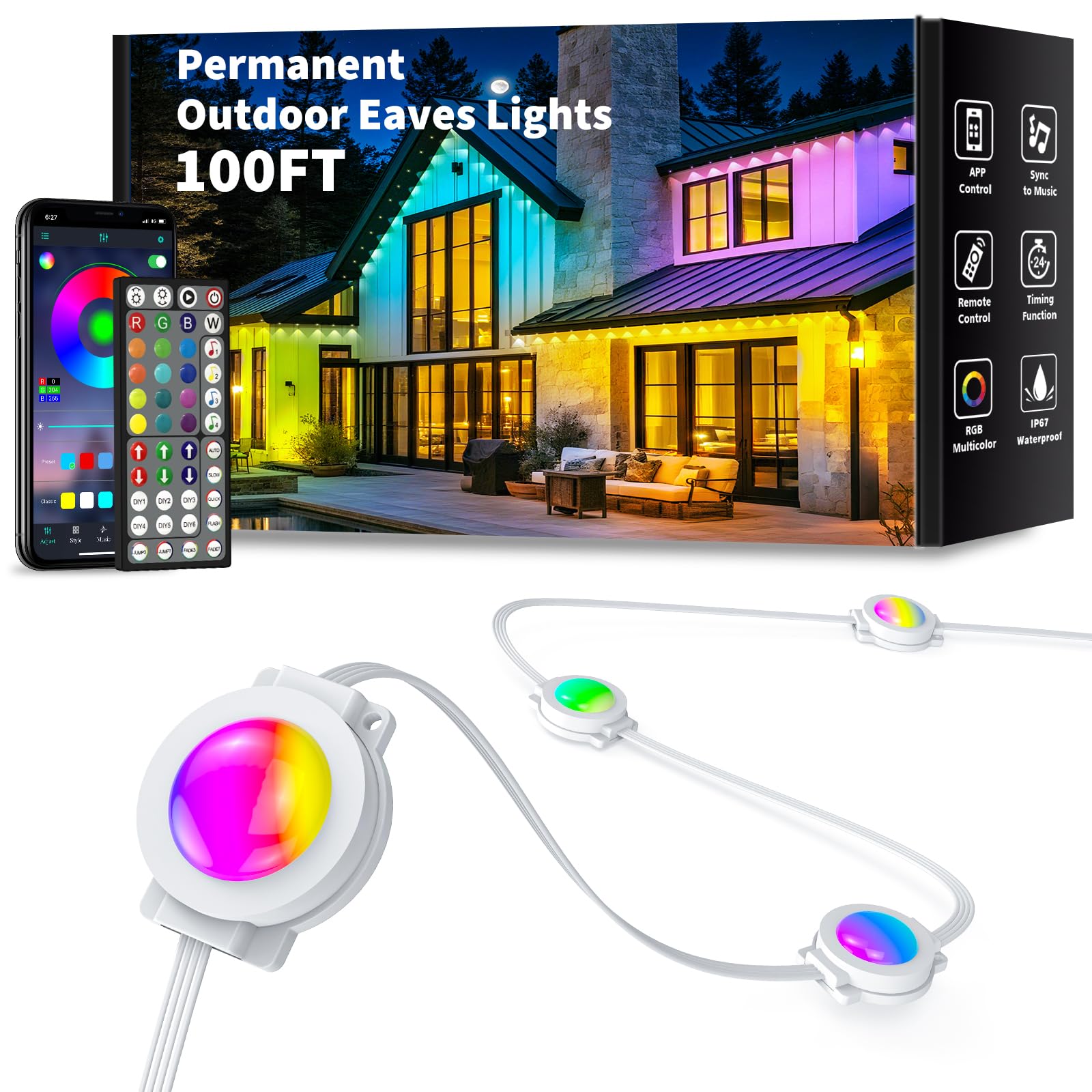 Photo 1 of YIBULAYIN 100FT Permanent Outdoor Lights Waterproof, Smart RGB Eaves Lights with App/Remote Control, DIY Scene Modes, LED Outdoor Lighting for Christmas Holidays Daily Party House Roof Lighting