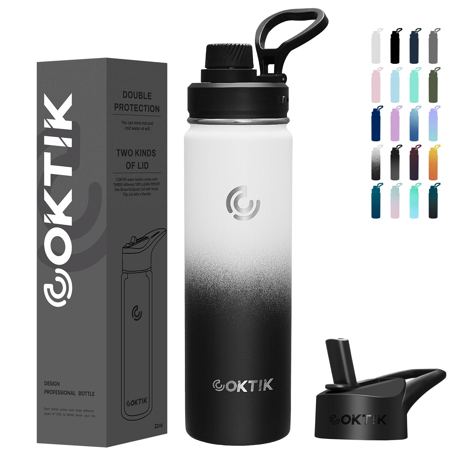 Photo 1 of ***(MISSING EXTRA LID)***COKTIK Insulated Stainless Steel Water Bottle With Straw Lid, 22 oz Wide Mouth Double Wall Vacuum Insulated Water Bottle Leakproof Lightweight for Hiking, Biking, Running(Day & Night)