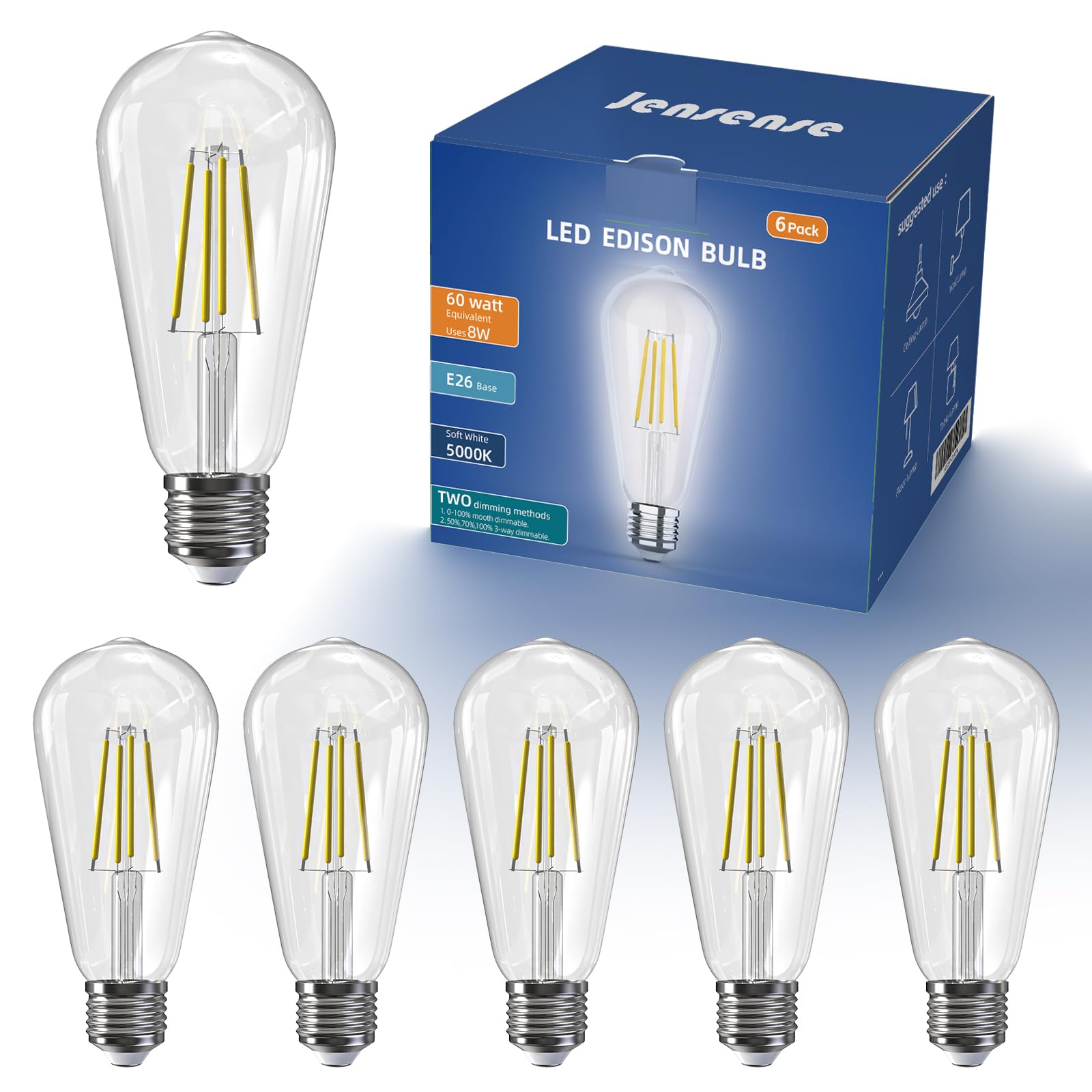 Photo 1 of Jensense Edison LED Light Bulbs 8Watt Dimmable Light Bulbs 5000K Daylight White, E26 LED Bulb 60watt Equivalent, LED Vintage Bulbs 800lm CRI 90 Clear Glass 6 Packs