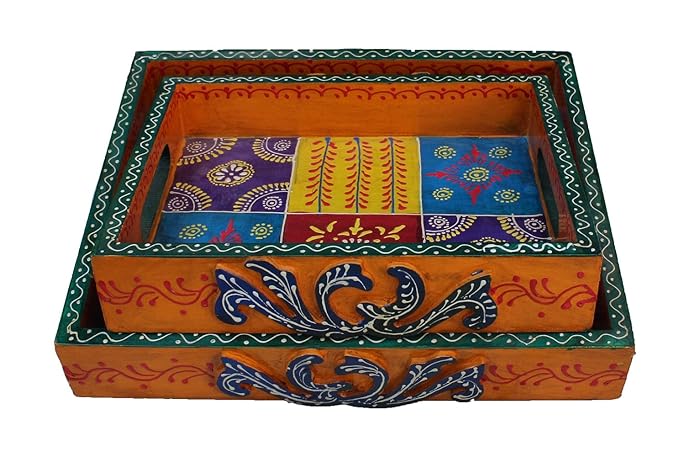 Crafticia Wooden Ethnic Serving Tray Set for Tea Coffee or Snacks for Dinning Traditional Handmade Handicraft Gift Item Home Table Wall Decor Pink City Rajasthani Handicraft Showpiece