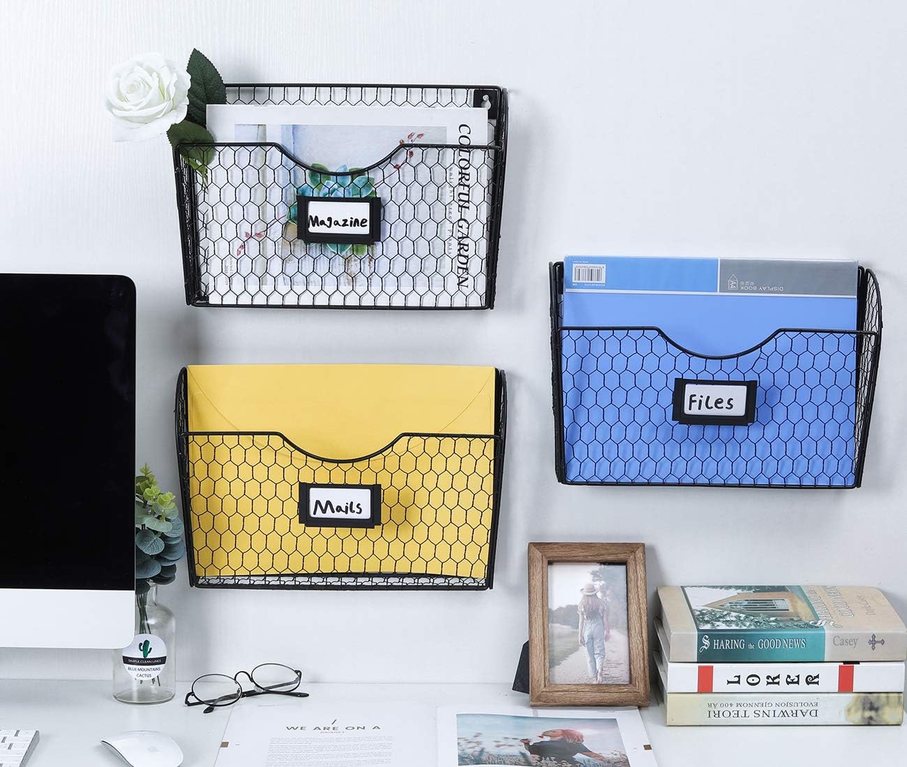 EasyPAG 3 Pockets Hanging File Organizer, Folder and Mail Holder for Wall, Metal Chicken Wire Baskets with Tag Slot, Black : Office Products