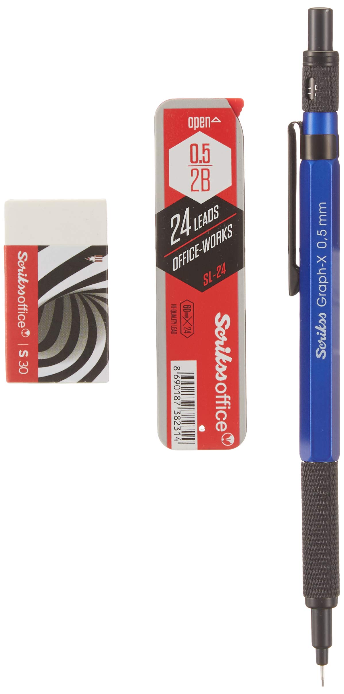 SCRIKSS - Mechanical Pencil - Graph-X + Scrikss Tube 2B Pencil Lead + Scrikss Eraser (BLUE, 0.5mm)