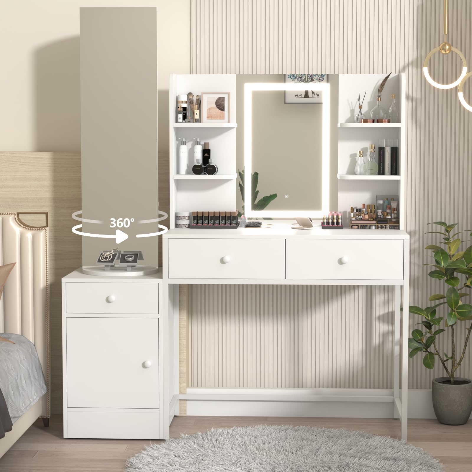 Photo 1 of BJYXO Vanity Desk with LED Lighted Mirror, Makeup Table with Drawers, Cabinet, Open Shelves, 3 Light Modes, Swivel Mirror with Storage Shelf
