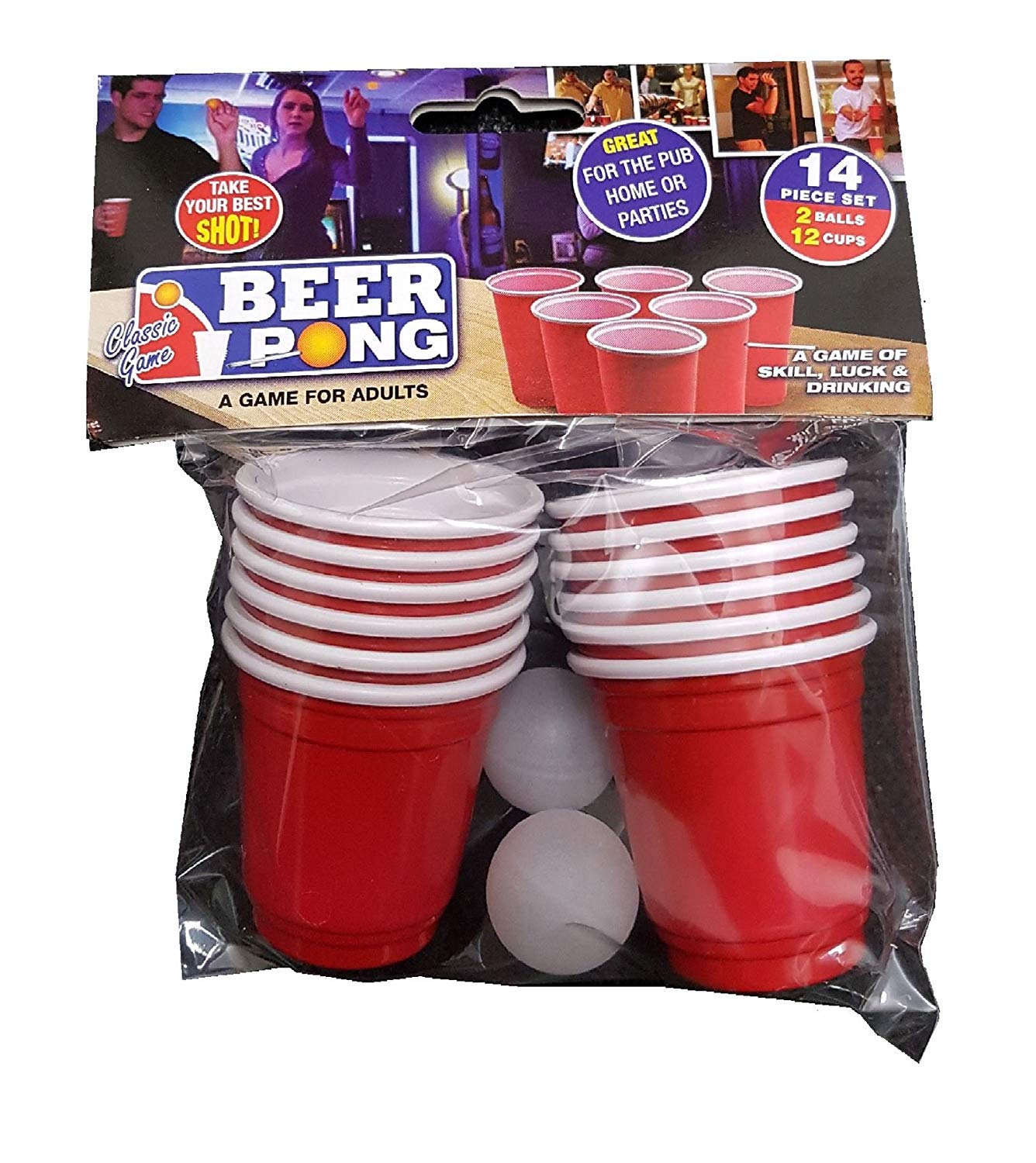 Ultimate 18+ Party Essential Mini Beer Pong Set (1 Set) - 12 60ml Red Cups & 2 White Balls - Perfect for Adult Parties