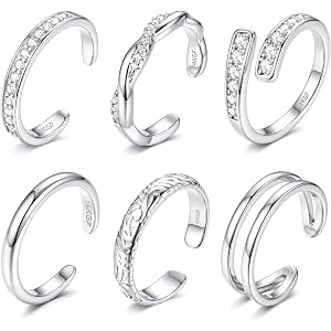 Subiceto 6 Pcs 14K Gold Filled Toe Rings for Women Non Tarnish Dainty Open Adjustable Toe Ring Set Stackable Cz Hypoallergeni