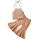 Ursobutegl Toddler Baby Girl Boho Outfits Floral Sleeveless Halter Crop Top Bell Bottom Pants Summer Clothes Set