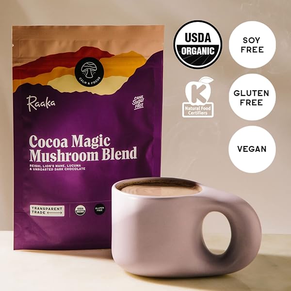 RAAKA COCOA MAGIC MUSHROOM HOT CHOCOLATE BLEND WITH LION’S MANE, REISHI AND LUCUMA – GOURMET ADAPTOGENIC MUSHROOM HOT CHOCOLATE – ORGANIC, VEGAN, LOW SUGAR, GLUTEN FREE, KOSHER – 5 OZ. BAG (8 SERVINGS)