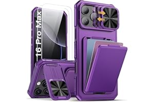 SSLOTSCASE for iPhone 16 Pro Max Case with 2X Screen Protector, Card Holder & Lens Cover & Hidden Kickstand, Silicone Edge Durable Protective Wallet Phone Cover for iPhone 16 Pro Max, Dark Purple