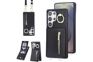 KYFSJPT Crossbody Wallet Case for Samsung Galaxy S25 Ultra, with Card Slots Zipper Pocket Case, Flip Folio Purse RFID Blocking with Ring Kickstand Detachable Strap-Black