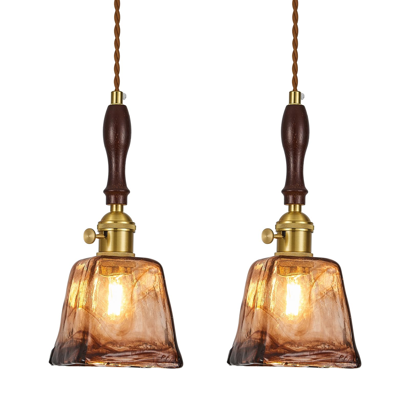 Photo 1 of Amber Glass Vintage Pendant Light Height Adjustable Handmade Glass Pendant Lights Kitchen Island Gold Hanging Light Fixture with Wood Handle for Bedroom Dining Room Hotel (2Pack)