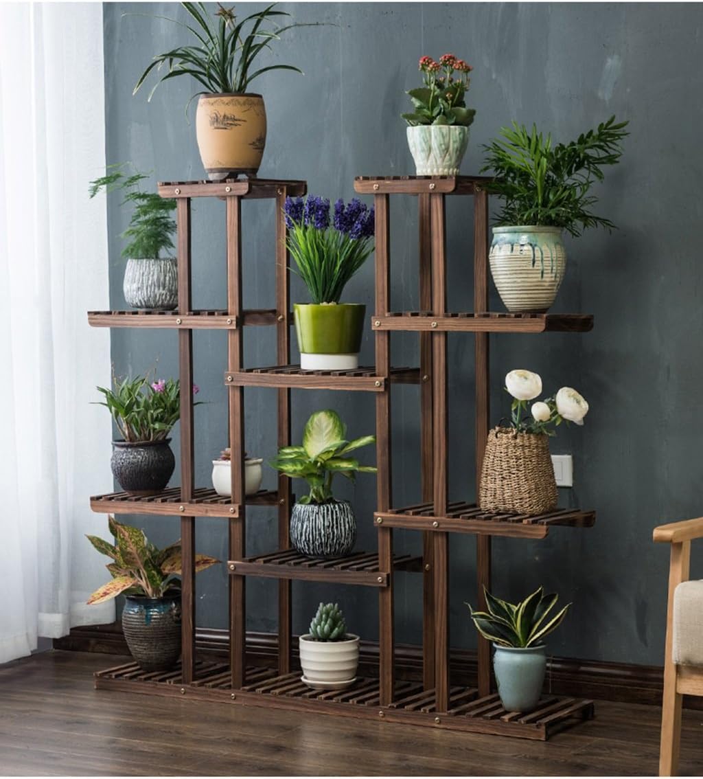 ZGP @Plant stand Solid Wood Flower Stand Multi-layer Symmetrical Flower Stand Carbonized Ribbon Wheel Balcony Living Room Plant Stand (Color : B)