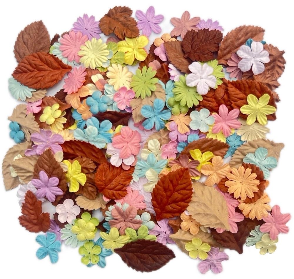 Photo 1 of 200 Pcs Handmade Mixed Mulberry Paper Flowers Petals and Leaves Scrapbooking Wedding DIY Craft Supplies Card (10 Colors Flowers/Brown Tone Leaves)