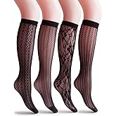 VERO MONTE 4 Pairs Women's Fishnet Knee High Socks - Stylish Black + Hollow Out