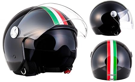 ARMOR · AV-63 „Italy Black“ (Schwarz) Roller Motorrad-Helm Mofa Scooter-Helm Bobber Chopper Click-n-Secure Clip · Tragetasche