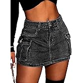 ELLEVEN High Stretchy Denim Cargo Skort for Women, High Waist, Casual Mini Y2K Jean Skirt Shorts with Pockets