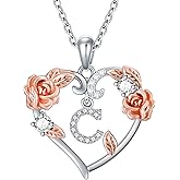 AOBOCO Rose Heart Necklaces Christmas Gifts for Women, 925 Sterling Silver Rose Love Heart Initial Letter Pendant Necklace Jewelry Mothers Day Lover Birthday Gifts for Her Mom Wife Girlfriend